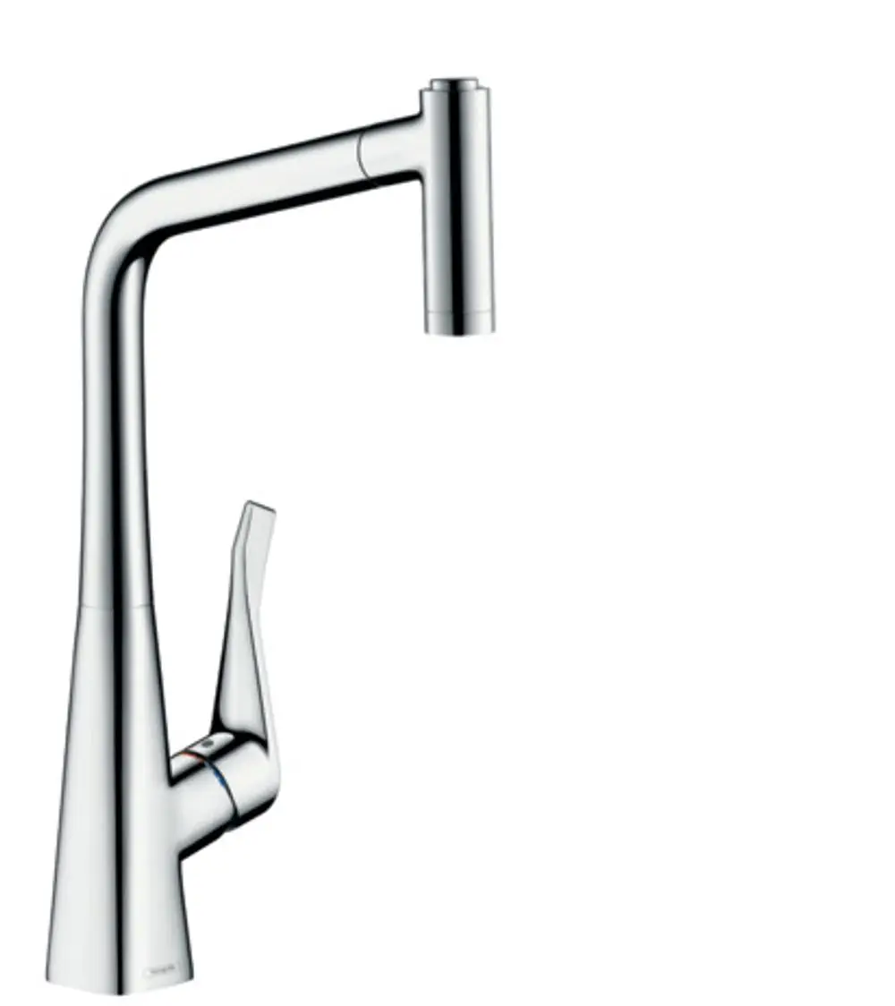 Hansgrohe Küchenspiegel mit einem hohen, schlanken Auslauf und einer Ausziehbrause, die zwei Strahlarten bietet. Verchromte Oberfläche.